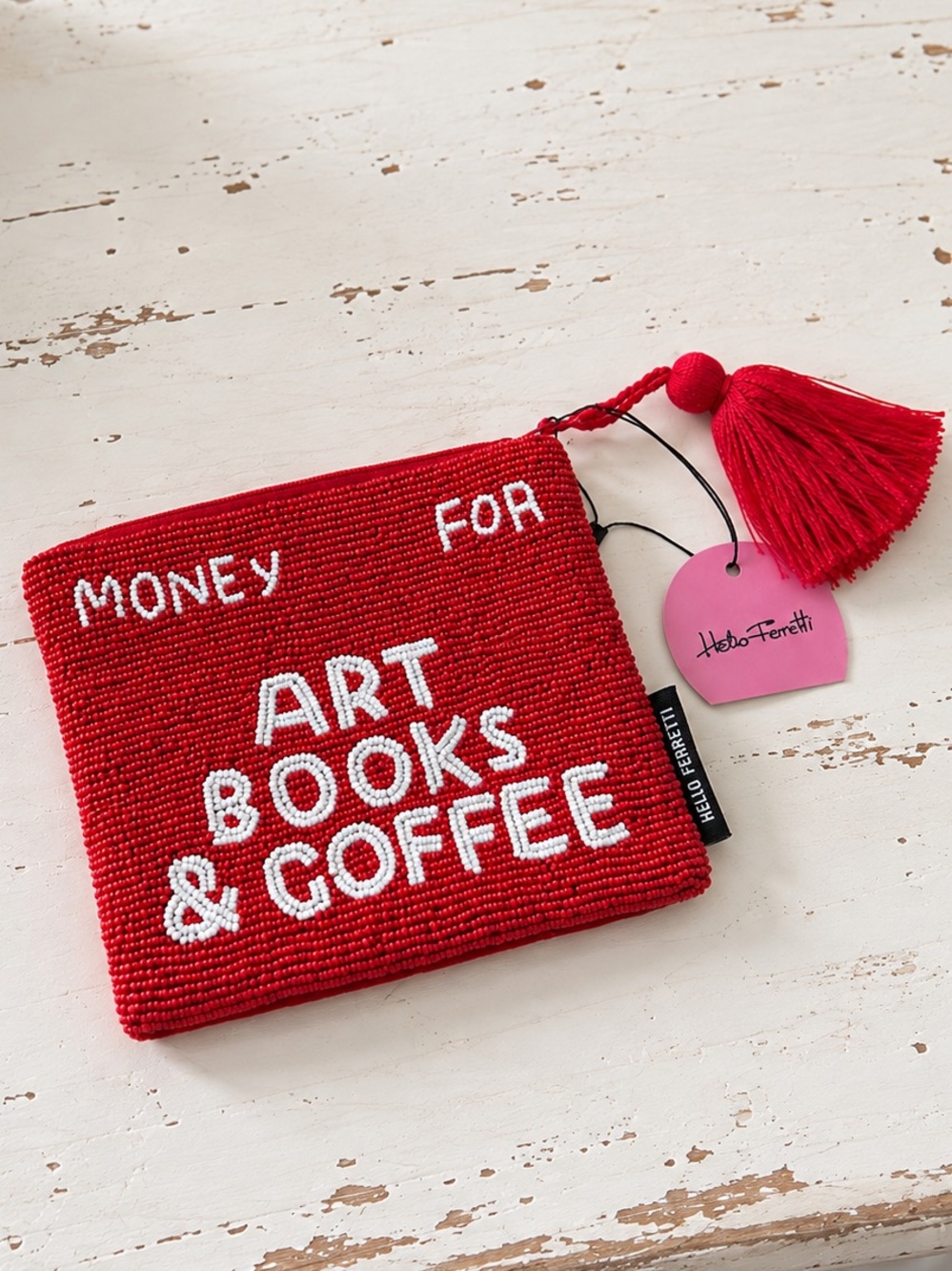 HTF “Money for Art Books & Coffee” Red & White Beaded Zip Clutch (New with Tag)